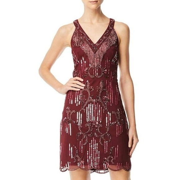 AIDAN MATTOX Beaded Fringe Sequined Tulle V-Neck Sleeveless‎ Scallop Hem Dress 2 - Picture 3 of 9